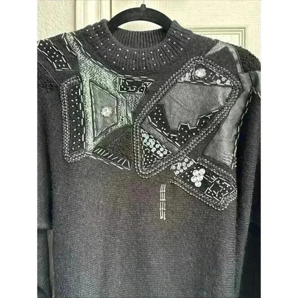 Vintage 80s Ms Organically Grown Acrylic Pullover Black Patch Work Sweater - Picture 2 of 7